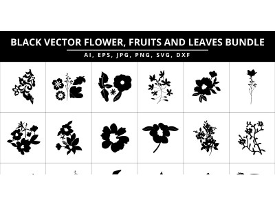 Black Flower, Fruits and leaves design elements bundle