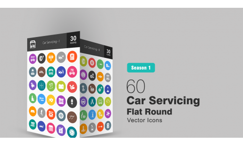 60 Car Servicing Flat Round Icon Set