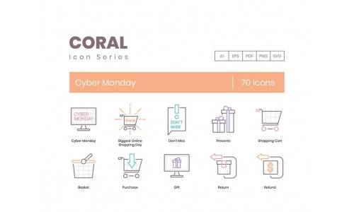 70 Cyber Monday Icons - Coral Series Set