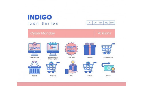 70 Cyber Monday Icons - Indigo Series Set