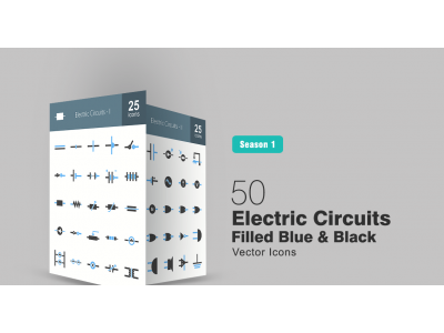 50 Electric Circuits Filled Blue & Black Icon Set