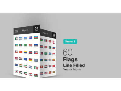 60 Flags Filled Line Icon Set