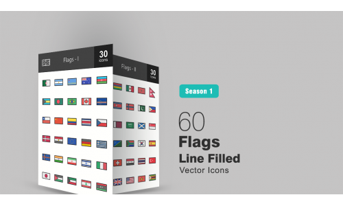 60 Flags Filled Line Icon Set