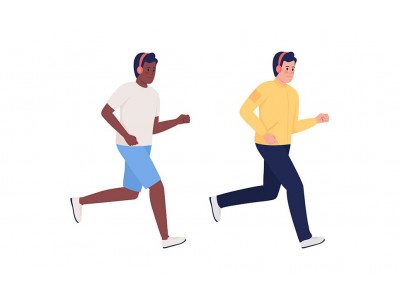 Male marathon runners wearing headphones semi flat color vector characters set