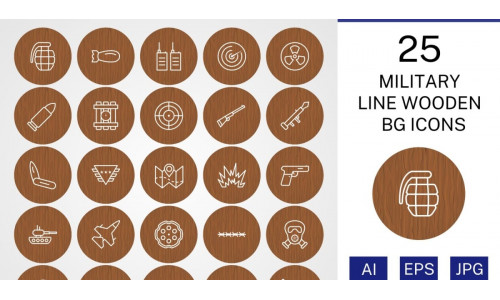 25 Military Line Wooden BG Icon Set