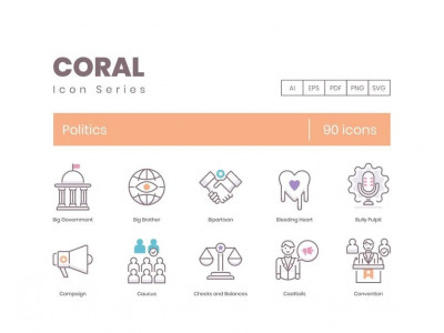 90 Politics Icons - Coral Series Set