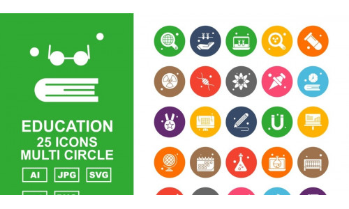25 Premium Education Multi Circle Icon Set