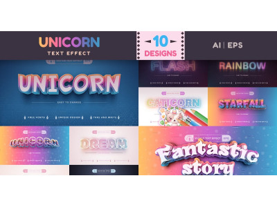 Set 10 Unicorn Editable Text Effects, Font Styles, Design Illustration