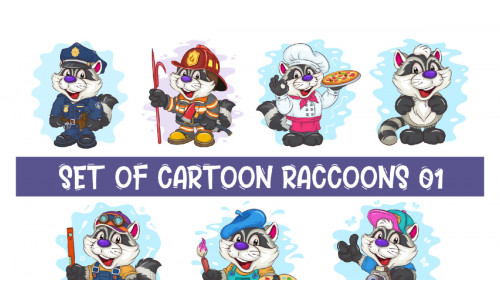 Set of Cartoon Raccoons 01. T-Shirt.