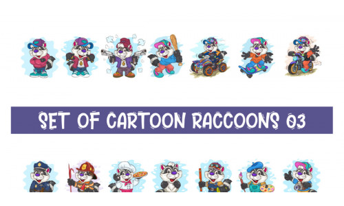 Set of Cartoon Raccoons 03. T-Shirt.