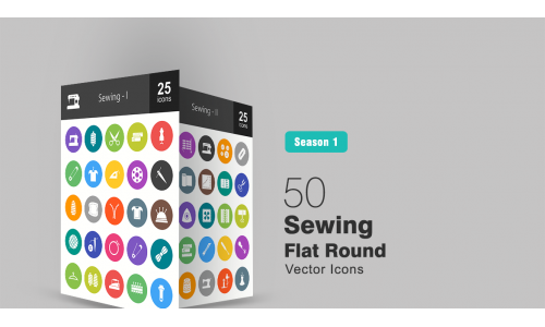 50 Sewing Flat Round Icon Set